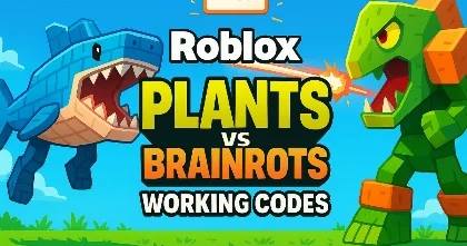 Roblox Plants vs Brainrots working codes banner with a cartoon shark and armored dino enemy on a bright blue background