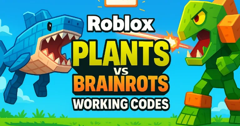 Roblox Plants vs Brainrots working codes banner with a cartoon shark and armored dino enemy on a bright blue background