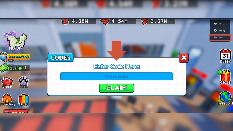 Push A Rock redeem window in Roblox with an Enter Code Here box and a Claim button