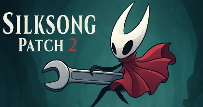 Hornet holding a long weapon on a teal background for the Silksong Patch 2 update