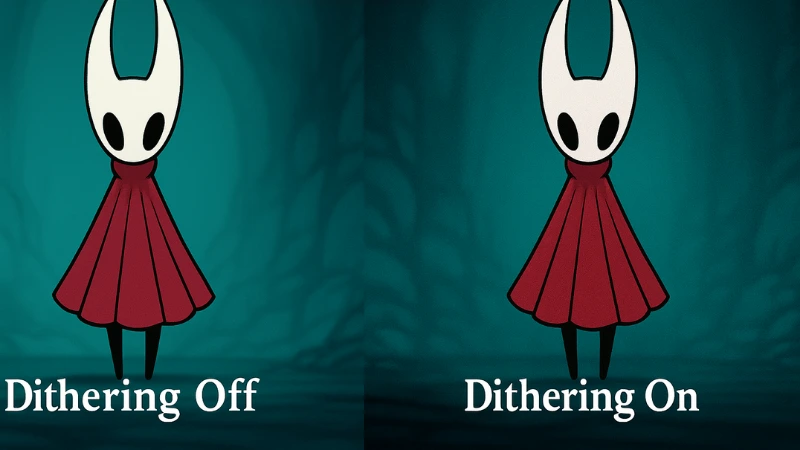 The new Dithering setting, when to use it Side-by-side comparison of Hornet labeled Dithering Off and Dithering On to show cleaner gradients