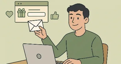 Person at a laptop holding an email envelope, with icons for gifts and thumbs up to suggest sign-up value