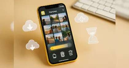 Snapchat Memories on a smartphone with cloud and hourglass icons, storage capped at 5 GB