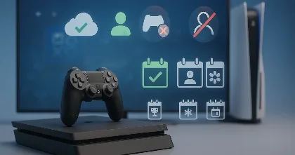 PS4 on a table with system icons, PS5 blurred in the background