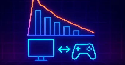 Stylized decline chart with computer and gamepad, Steam activity trend