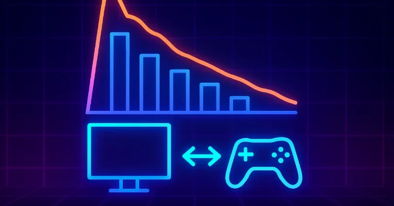 Stylized decline chart with computer and gamepad, Steam activity trend