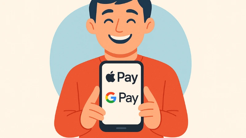 Apple Pay & Google Pay Person holding a phone with Apple Pay and Google Pay logos, showing a mobile wallet fix for a declined card payment