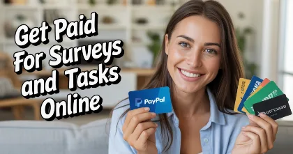Woman holding PayPal card and gift cards showing how to get paid for surveys and tasks on Swagbucks