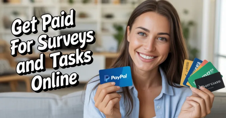 Woman holding PayPal card and gift cards showing how to get paid for surveys and tasks on Swagbucks