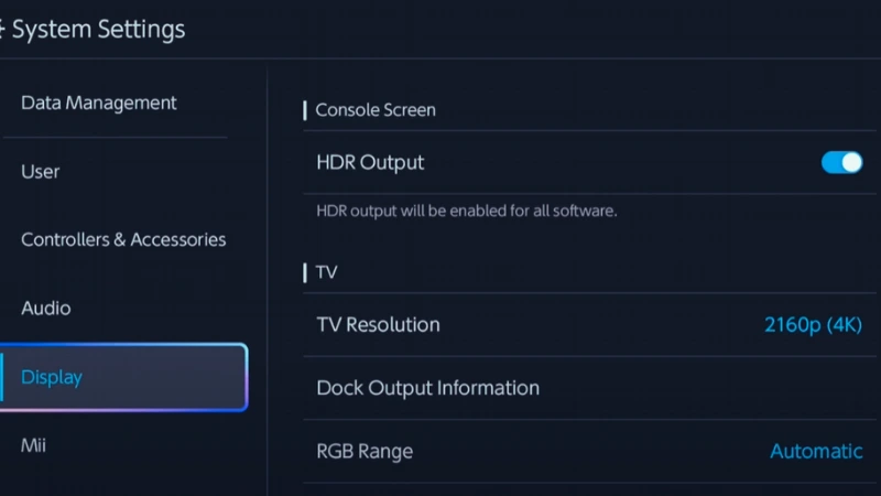 Switch 2 Display settings screen with HDR on and TV Resolution 2160p 4k