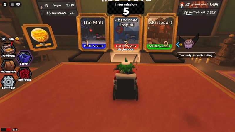 Map vote screen with The Mall, Abandoned Hospital, Ski Resort