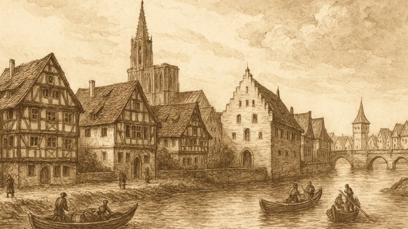 Strasbourg During The Dancing Plague of 1518 Riverfront illustration of Strasbourg during The Dancing Plague of 1518.