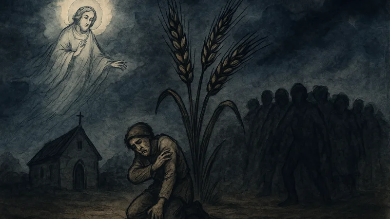Theories Behind The Dancing Plague of 1518 Saint, poisoned grain and fearful crowd symbolising theories of The Dancing Plague of 1518.