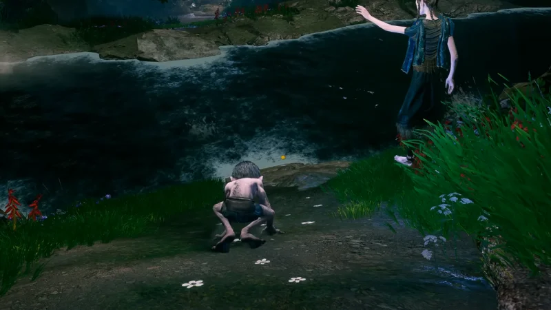 Gollum crouching in grass near a river with a guard ahead