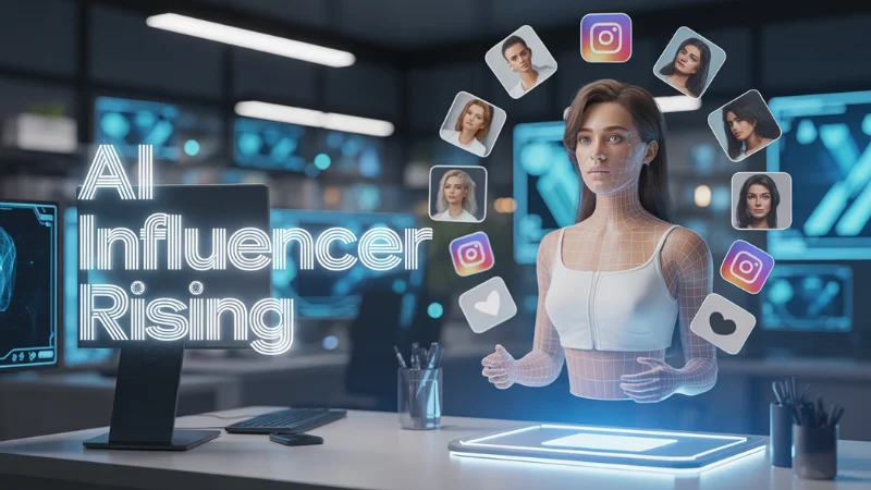 Hologram-style creator model in a studio, surrounded by profile headshots and app logos, showing how an AI persona is built