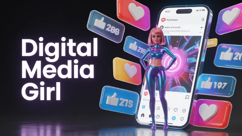 Pink-haired virtual model posing in front of a phone screen and floating like counters, styled as a social media star