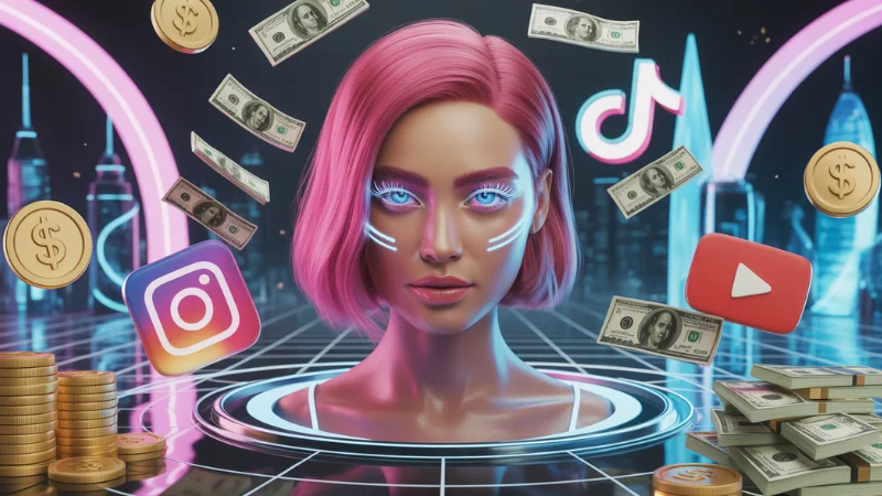 Futuristic promo shot of a virtual face with glowing makeup, cash and platform logos floating around to show paid deals