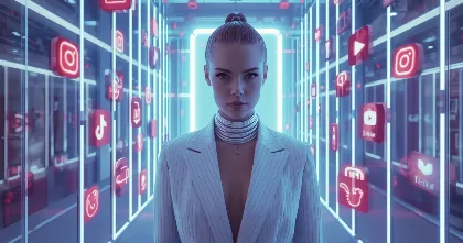 Digital influencer in a white suit walking through a neon hallway of floating social media icons
