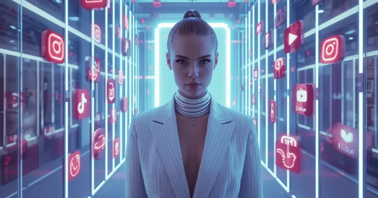 Digital influencer in a white suit walking through a neon hallway of floating social media icons