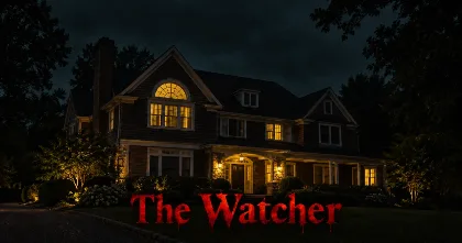 Illustration of a house at night with glowing windows and “The Watcher” written in blood-red lettering.