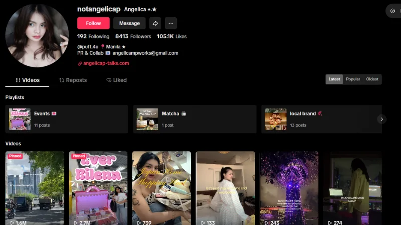 Screenshot of a TikTok profile page with playlists and video grid