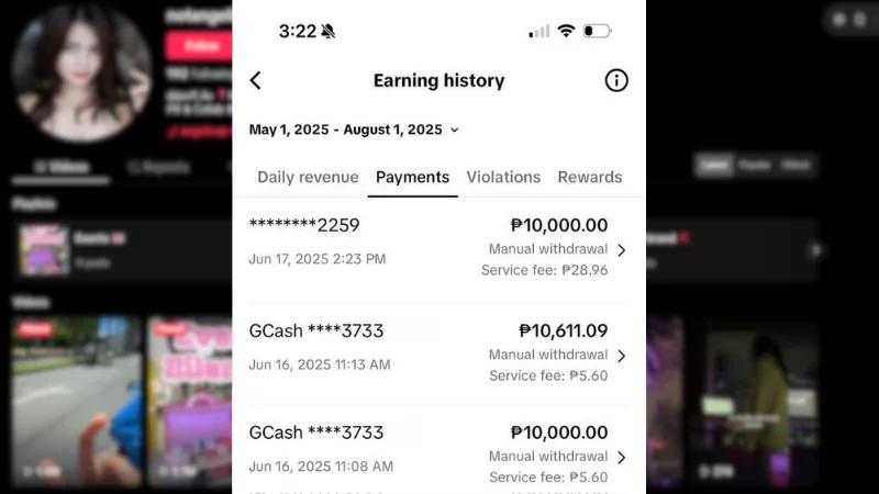 TikTok earnings history screen showing payout transfers