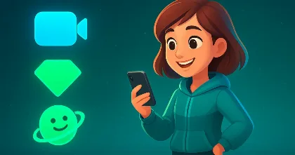Animated girl smiling at her phone with ChatAlternative, Emerald Chat, and Azar icons.
