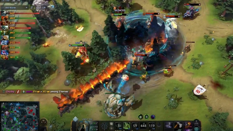 Dota 2 team fight with spells going off around a tower while multiple heroes clash in lane