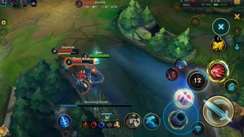 Wild Rift match on mobile, champion attacking near the river with the on-screen ability buttons and mobile HUD