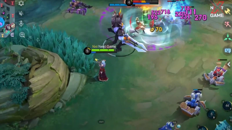 Mobile 5v5 lane fight in a fantasy map, with heroes trading abilities near minion waves