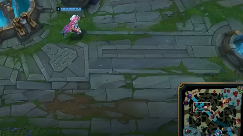 League of Legends gameplay screenshot showing a champion in base with the minimap displayed in the corner