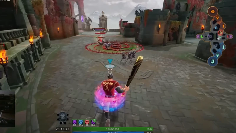 Smite 2 third-person view of a warrior pushing a lane toward enemy players in a castle-style arena