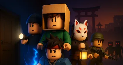 Group of Roblox friends at night, one in a kitsune mask holding a lantern, ready to explore.