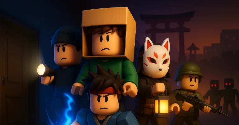 Group of Roblox friends at night, one in a kitsune mask holding a lantern, ready to explore.