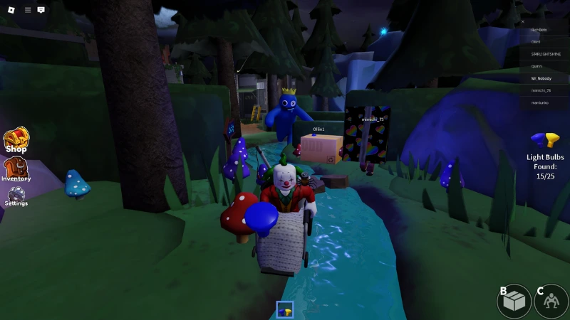 Rainbow Friends Screenshot Clown avatar pushes a stroller along a glowing river path while Blue peeks from the trees.