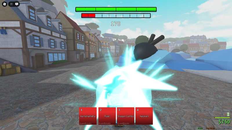 Roblox Anime Battle Arena Fighter unleashes a bright energy dash in a town arena with HUD elements visible.