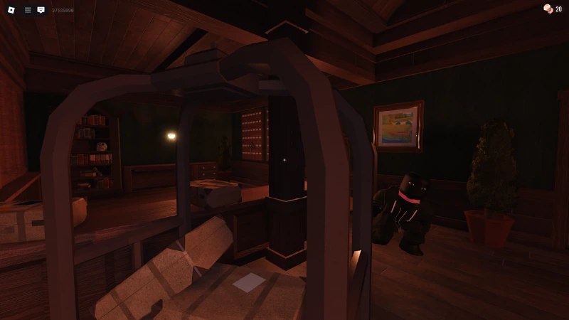 Roblox DOORS Gameplay Players creep through a dim room, hiding and peeking as a monster lurks nearby.