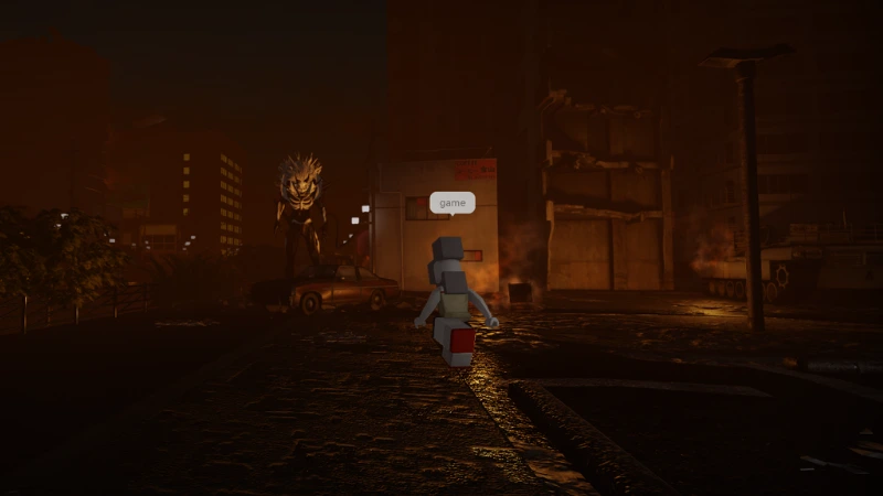 Roblox Mimic Screenshot Small party crosses a ruined city street with a tall yokai stalking through the fog.
