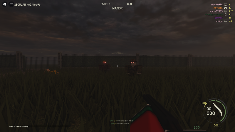 Those Who Remain roblox zombie gaming First-person view aiming into a dark field during a zombie wave defense.