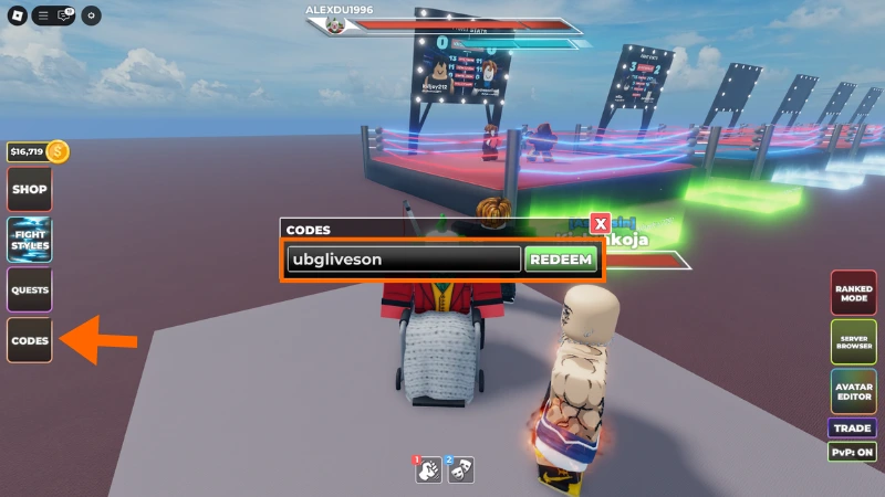 Untitled Boxing Game redeem code menu open next to the player character