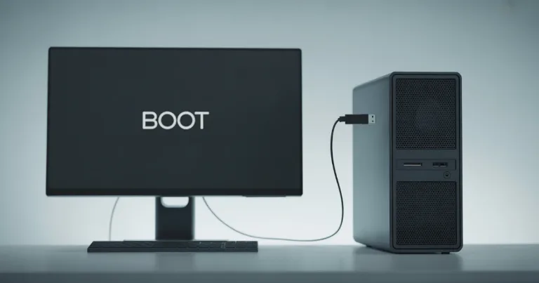 desktop computer with a usb drive plugged in and a monitor that says boot