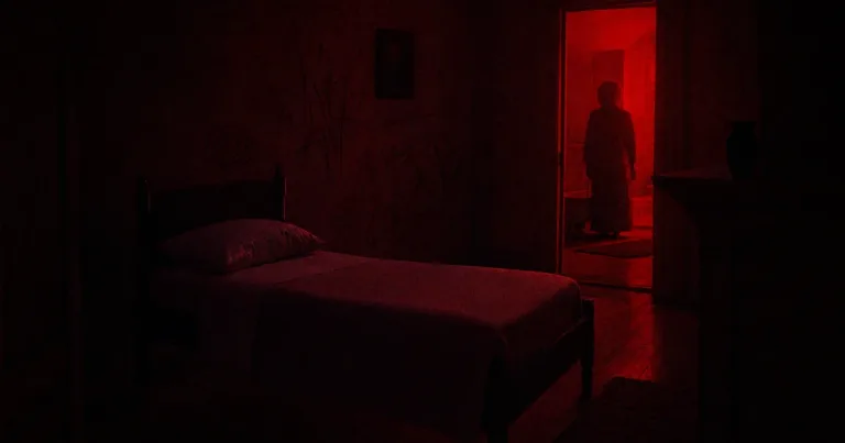 Illustration of Evy’s mother standing in a red-lit doorway beside an empty bed in Undertone.