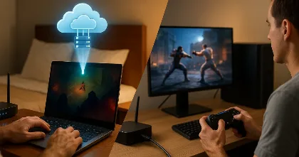 Player with controller, game on TV, laptop showing a cloud icon
