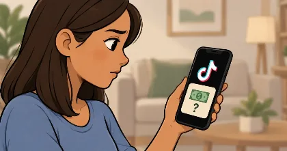 Cartoon woman viewing a TikTok cash popup on her phone.