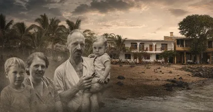 The Wittmer family pictured beside their beachfront hotel on Floreana Island.