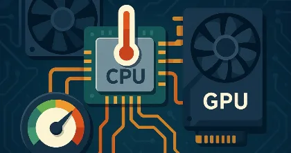 CPU and GPU chips with a heat gauge and speed meter, explaining PC overclocking for higher