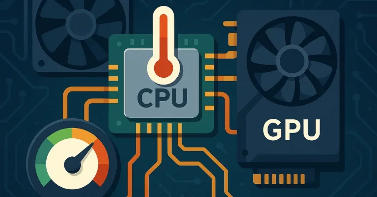 CPU and GPU chips with a heat gauge and speed meter, explaining PC overclocking for higher