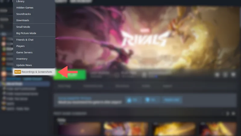 Find screenshots inside the Steam app Steam app menu with an arrow pointing to Recordings & Screenshots, showing where to find your saved Steam screenshots