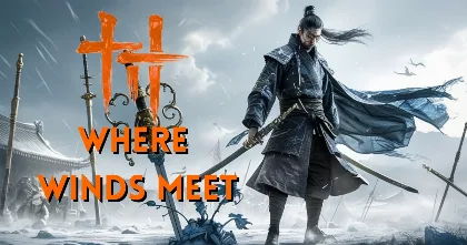 Where Winds Meet key art of the main swordsman in ancient Chinese armor, cape blowing in the wind, standing in front of a snowy battlefield