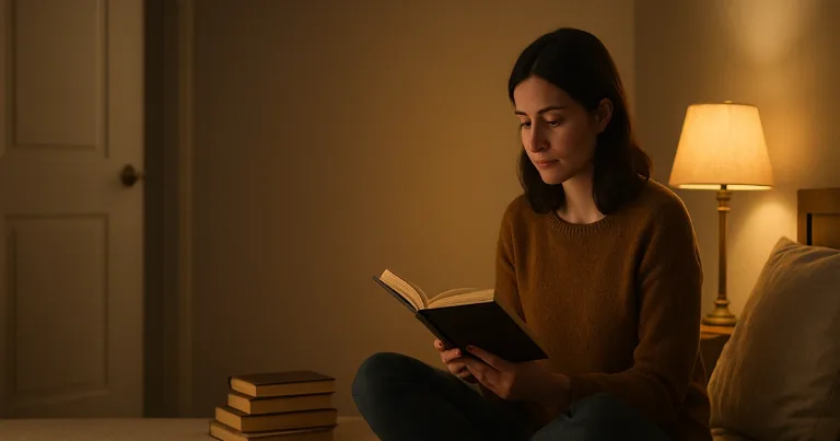 Woman reading by a lamp with a stack of books